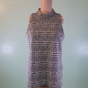 Michael Kors Womens Tunic Top Black White Plaid Knit Stretch Sleeveless Zip M